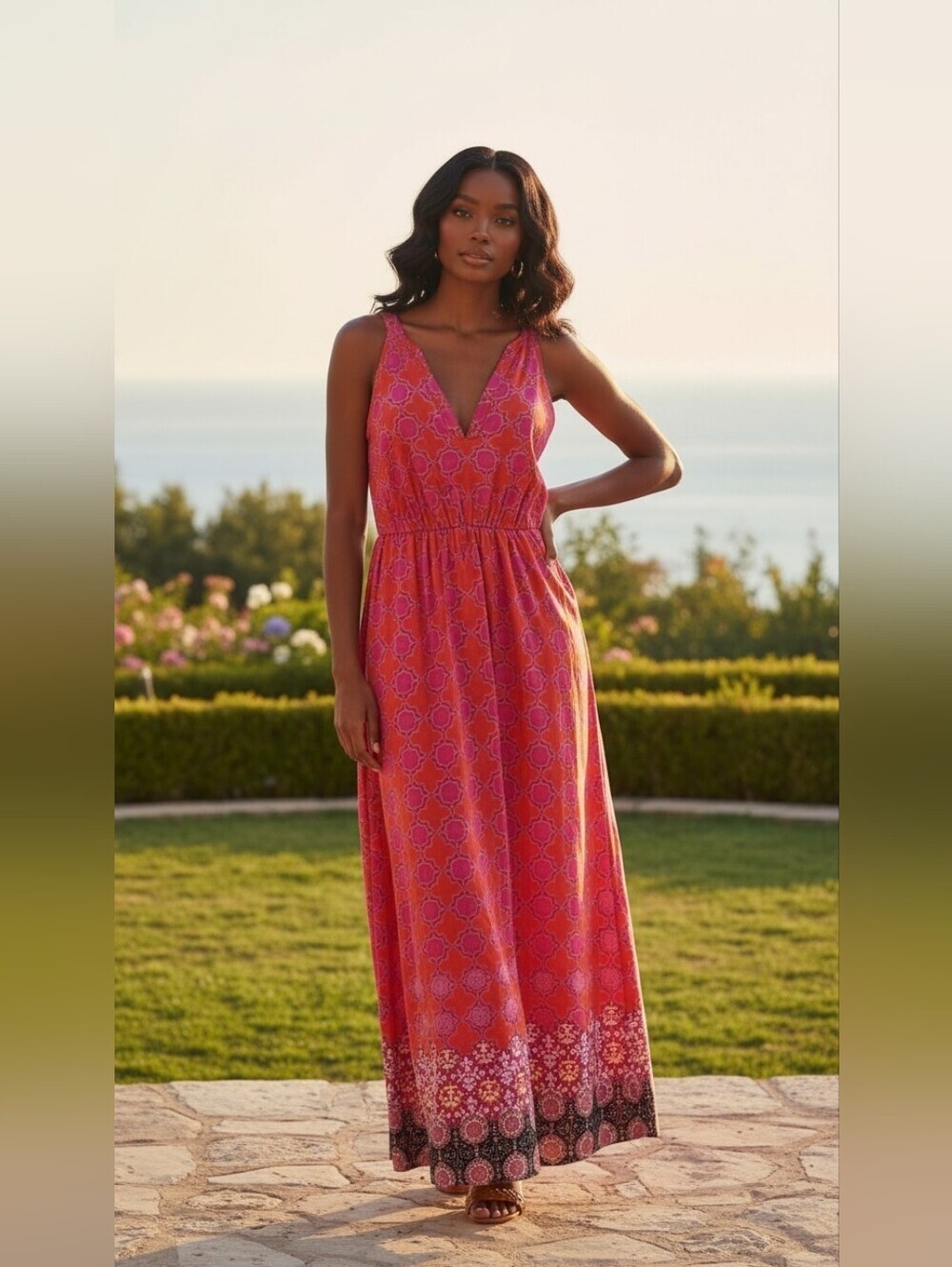 Banana Republic Pink Orange Paisley Border Maxi Dress V-Neck Sleeveless Size 6